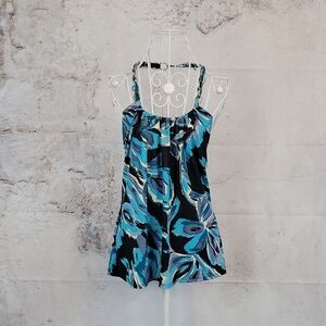 I.N.C. Floral Print Halter Top - Black and Turquoise Blue Womens Size M